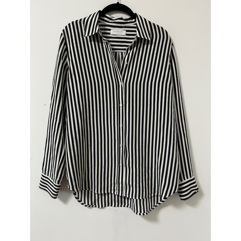 Everlane The Clean Silk Relaxed Shirt Women 8 Black White Striped Minimalist
